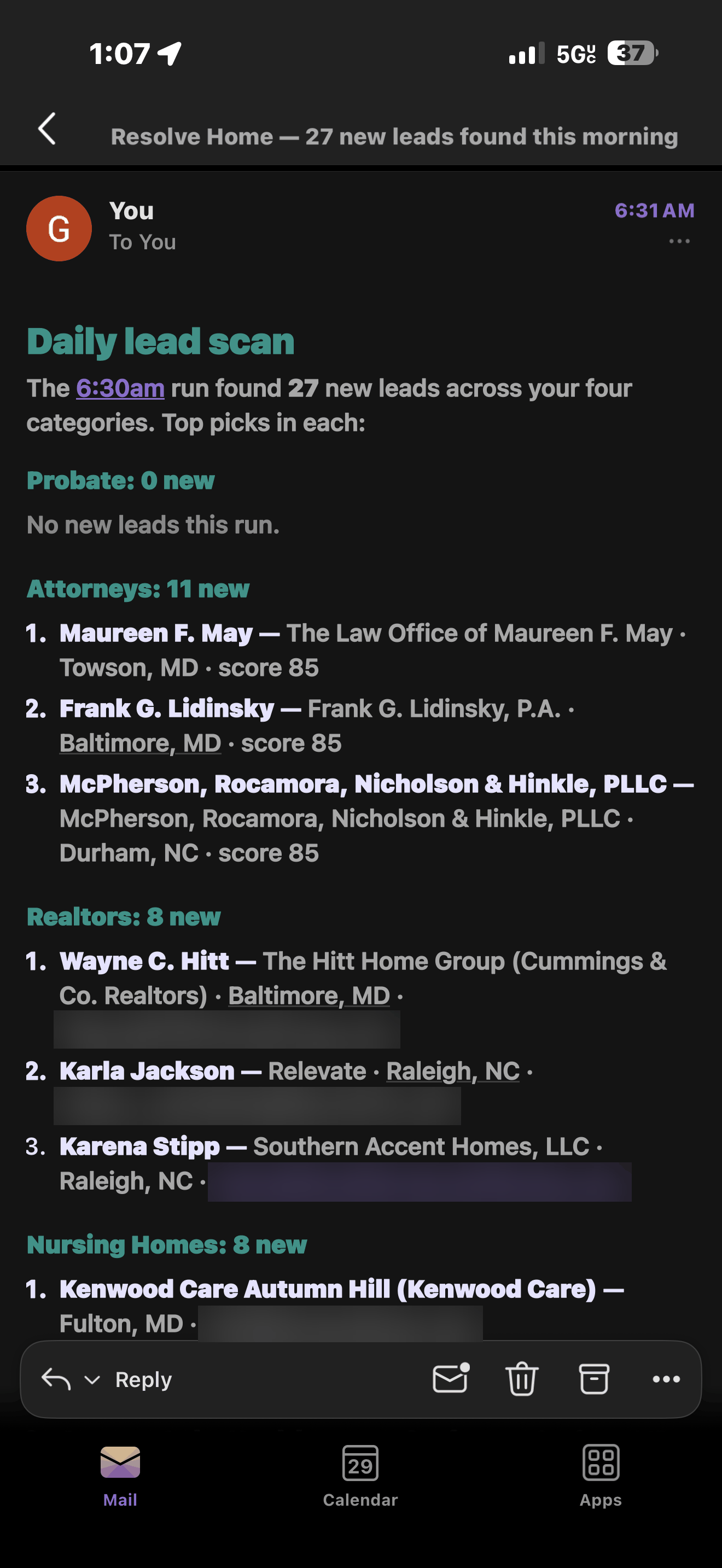 Daily lead scan email showing 27 new leads across four categories